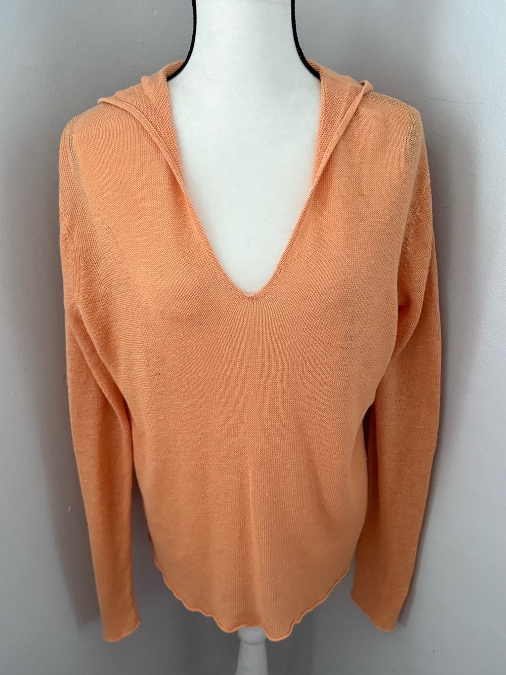 Eileen Fisher 100% Linen Light Orange Hooded V-Neck Sweater Large Coastal